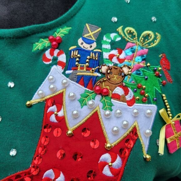 Quacker Factory Vintage Embroided Christmas Stocking Long Sleeve Top  Sz Large - Picture 4 of 15